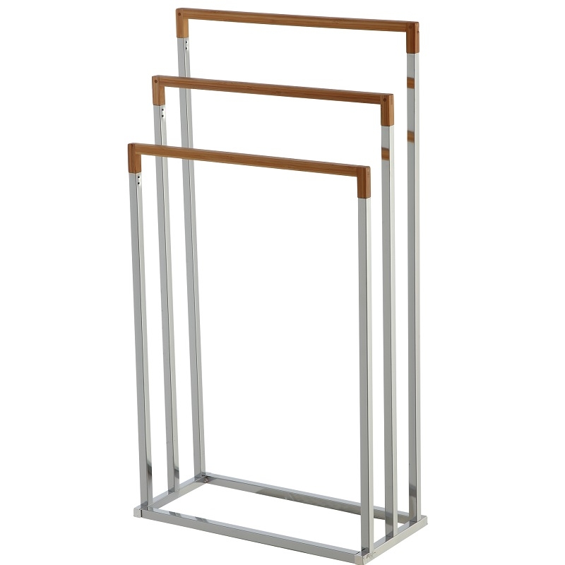 Piantana portasciugamano in acciaio cromato e bamboo 3 bracci alto 75 cm Feridras 154016-b