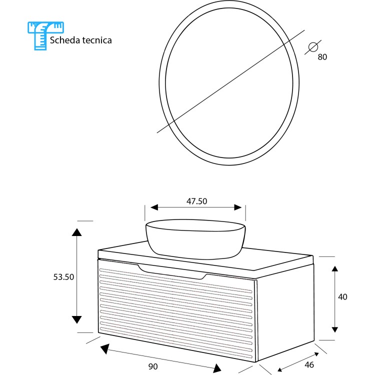 Mobile da bagno sospeso 90cm noce con 2 cassetti Ravello Feridras