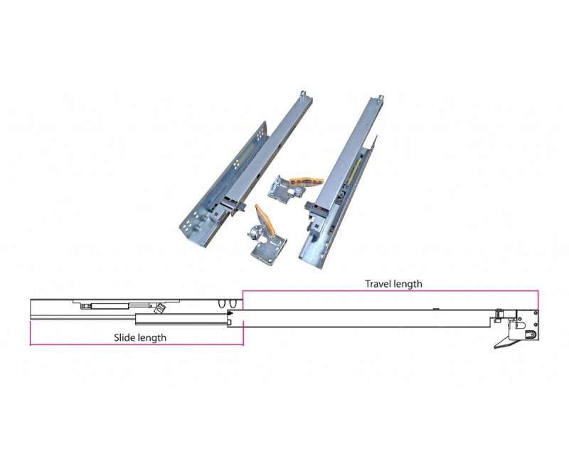 Guide per cassetti a estrazione totale con ammortizzatore e push 50cm Ram