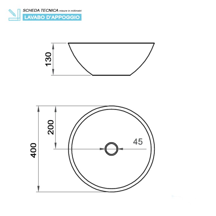 Lavabo da appoggio tondo 40cm in ceramica nero matto Feridras