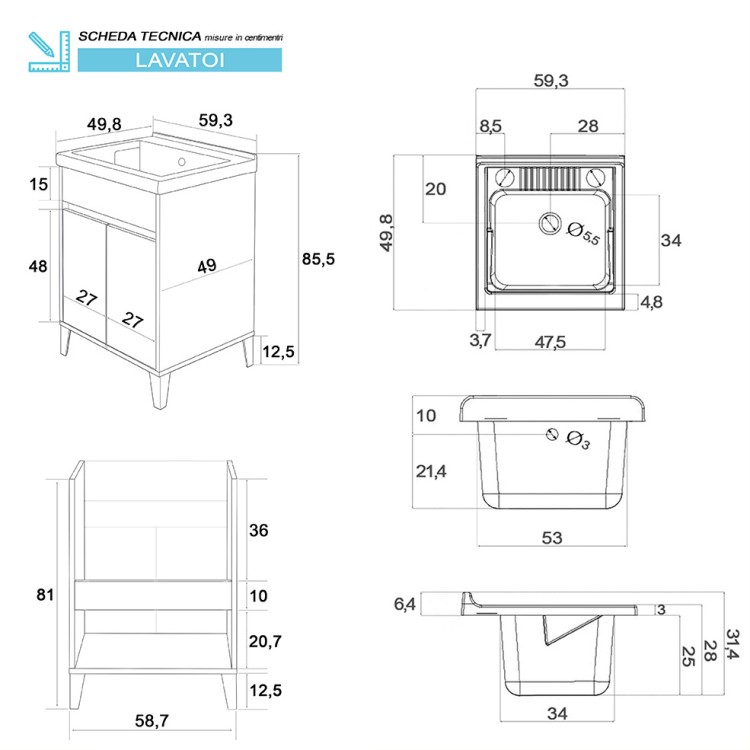 Mobile lavatoio da bagno 60x84 cm rovere scuro Mondo 2.0 Feridras