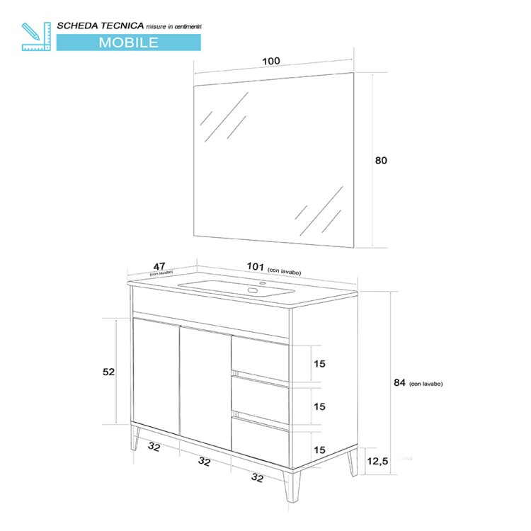 Mobile da bagno 102cm bianco laccato con 2 ante e 3 cassetti Mondo 2.0 Feridras