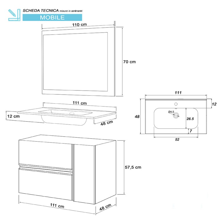 Mobile da bagno sospeso 110cm grigio ossido con 2 cassetti Oxid Feridras
