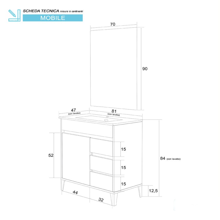Mobile da bagno 82cm rovere scuro con anta e 3 cassetti Mondo 2.0 Feridras