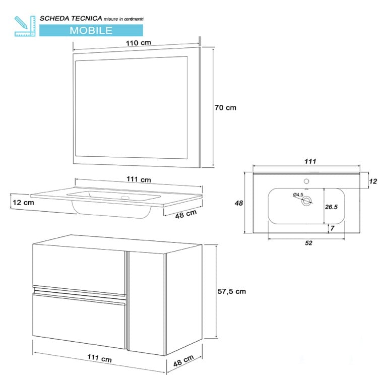 Mobile da bagno sospeso 110cm cenere con 2 cassetti Oxid Feridras