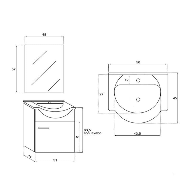 Mobile da bagno sospeso 55 cm 1 anta larice Stella Feridras