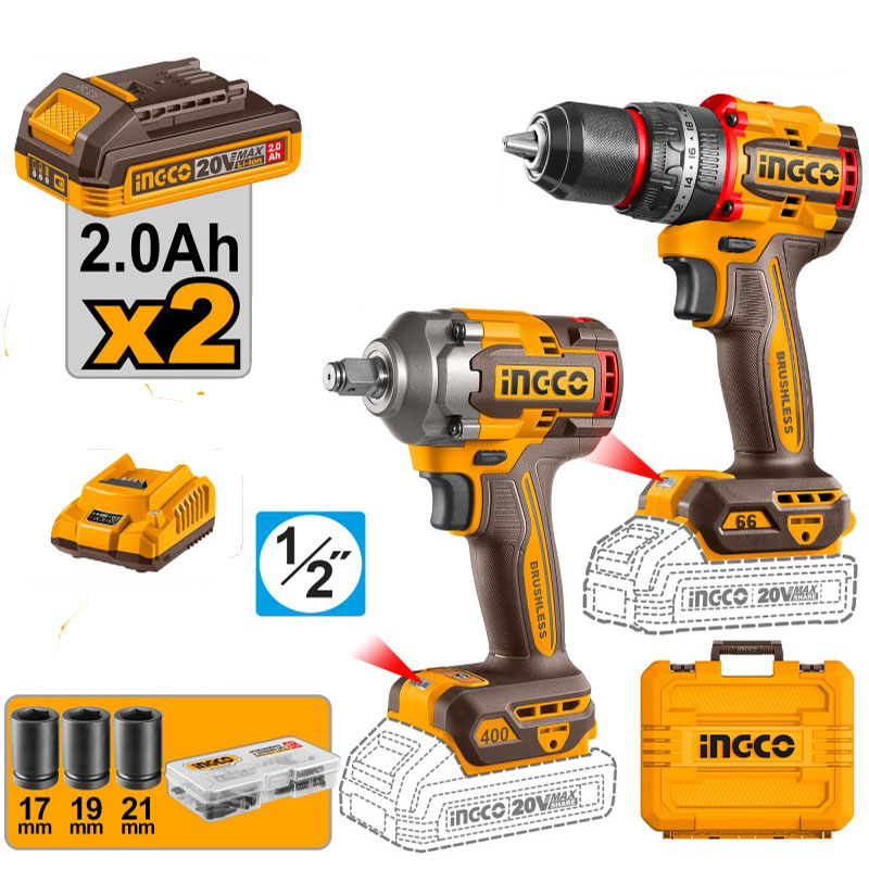 Trapano a percussione con 2 batterie e avvitatore ad impulsi Ingco CKLI20275E