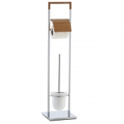 Piantana portascopino e portarotolo in acciaio cromato e bamboo alto 75 cm Feridras 154015-b